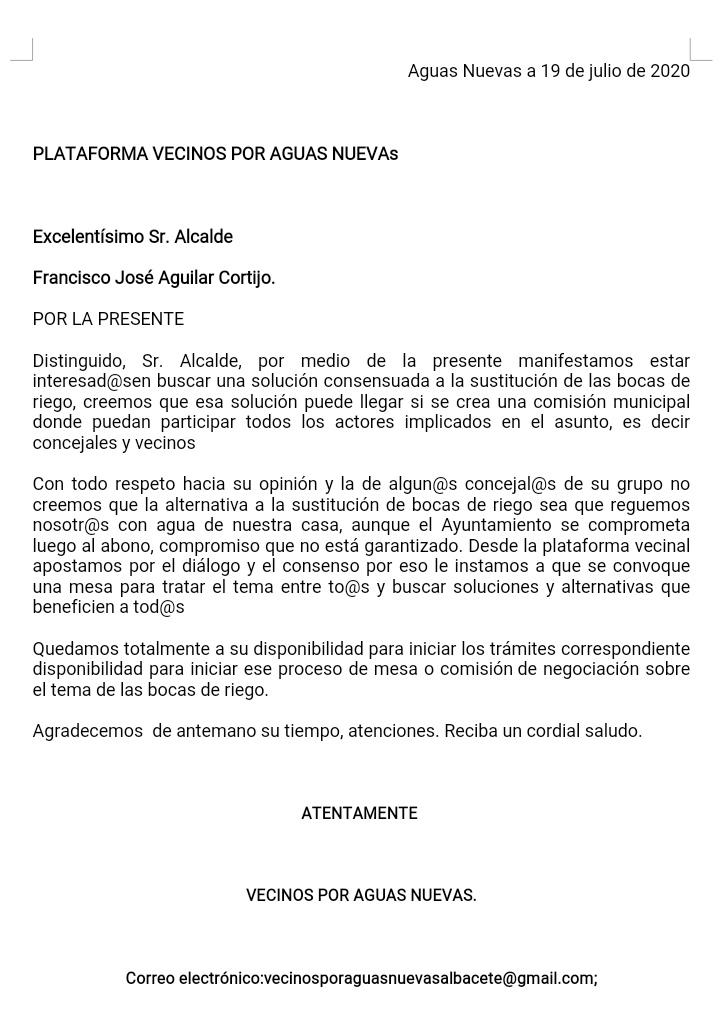 Los Vecinos De Aguas Nuevas Env An Una Carta Al Alcalde Pidi Ndole Una